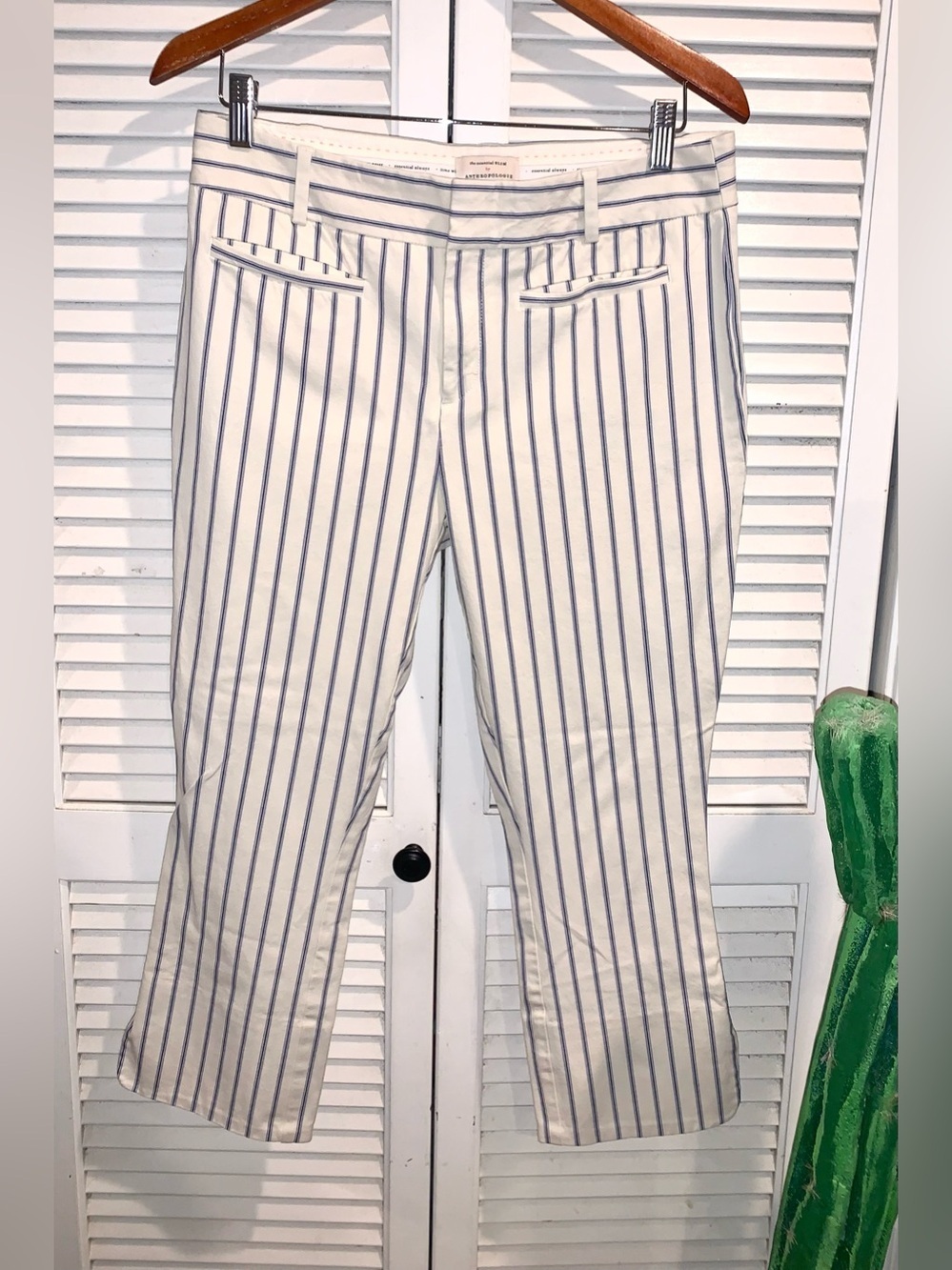 Striped Cropped Pants - White with Navy Pinstripes